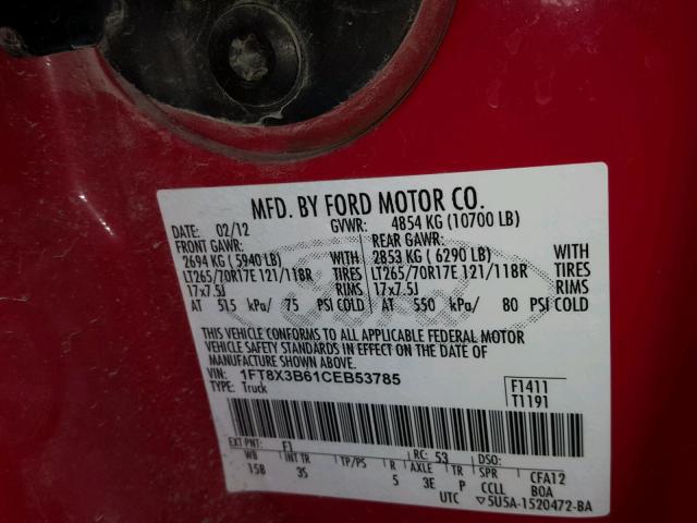 1FT8X3B61CEB53785 - 2012 FORD F350 SUPER RED photo 10