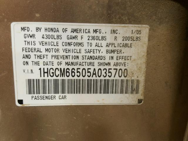 1HGCM66505A035700 - 2005 HONDA ACCORD EX GOLD photo 10