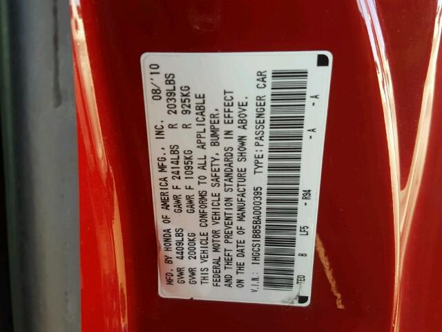 1HGCS1B85BA000395 - 2011 HONDA ACCORD EXL RED photo 10