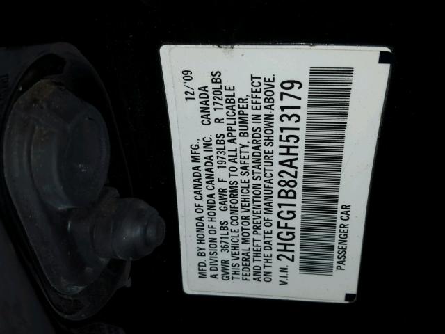 2HGFG1B82AH513179 - 2010 HONDA CIVIC EX BLACK photo 10