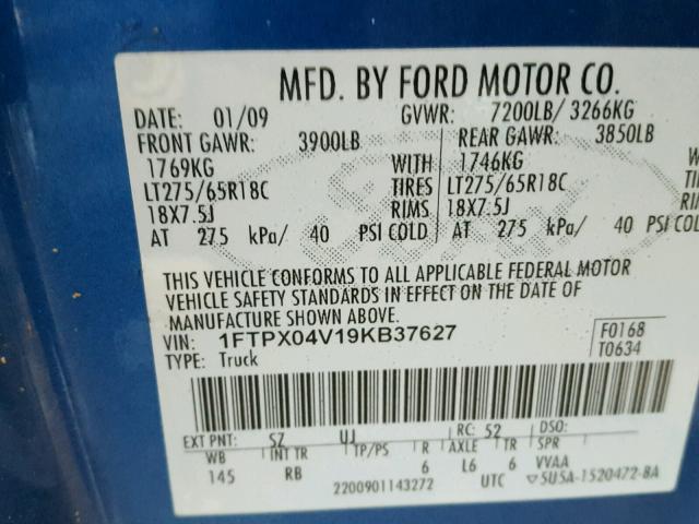 1FTPX04V19KB37627 - 2009 FORD F150 SUPER BLUE photo 10