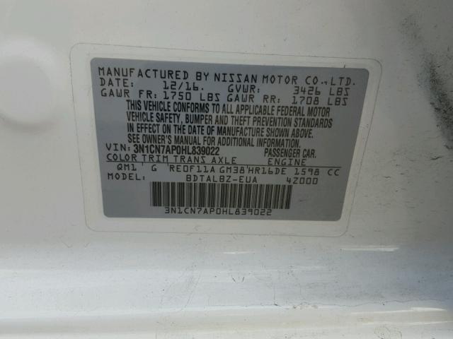 3N1CN7AP0HL839022 - 2017 NISSAN VERSA S WHITE photo 10