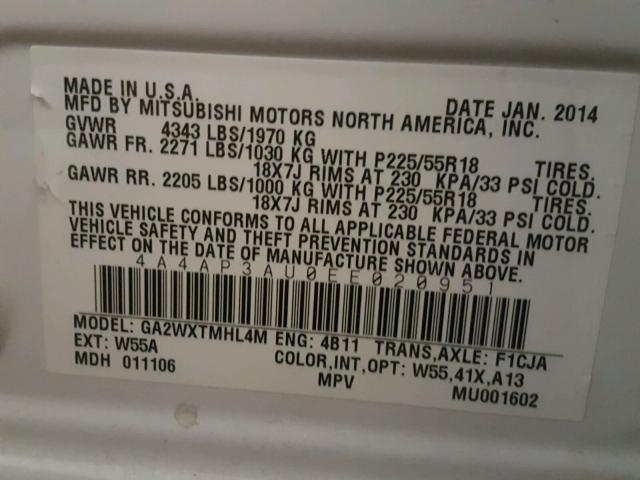 4A4AP3AU0EE020951 - 2014 MITSUBISHI OUTLANDER WHITE photo 10