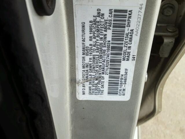 2T1LR32E74C166024 - 2004 TOYOTA COROLLA MA SILVER photo 10