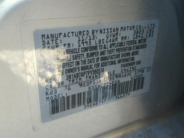 3N1AB7AP7FY366574 - 2015 NISSAN SENTRA S SILVER photo 10