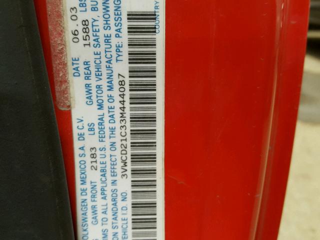 3VWCD21C33M444087 - 2003 VOLKSWAGEN NEW BEETLE 红色 照片 10
