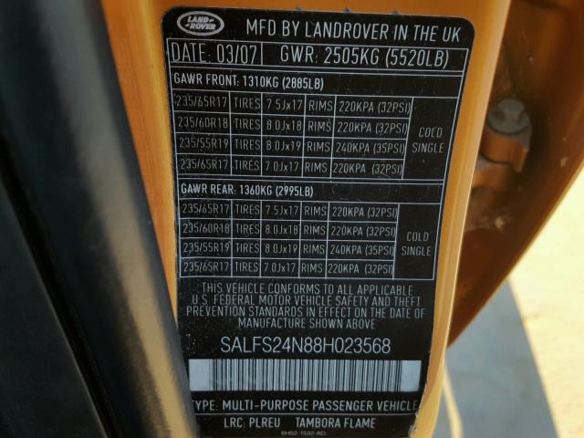 SALFS24N88H023568 - 2008 LAND ROVER LR2 SE TEC ORANGE photo 10