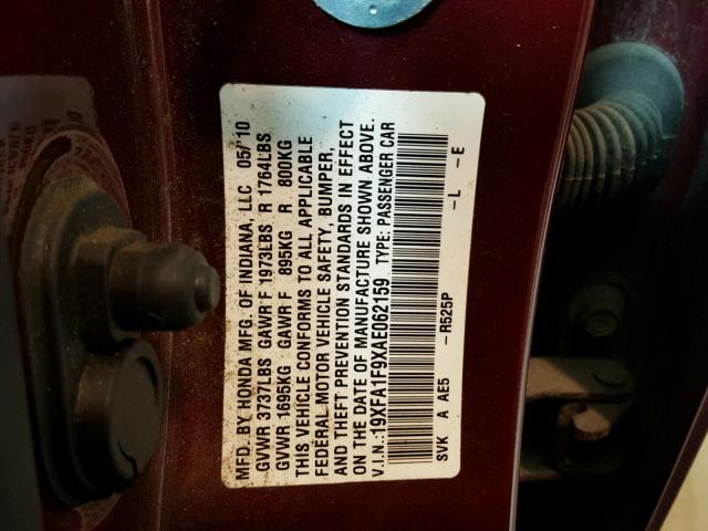 19XFA1F9XAE062159 - 2010 HONDA CIVIC EXL RED photo 10