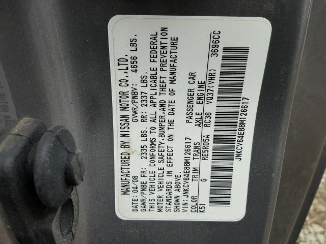 JNKCV64E88M126617 - 2008 INFINITI G37 BASE GRAY photo 10