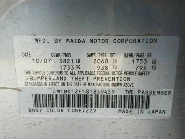 JM1BK12F181839459 - 2008 MAZDA 3 I SILVER photo 10