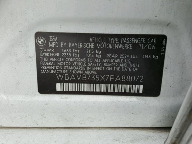 WBAVB735X7PA88072 - 2007 BMW 335 I WHITE photo 10