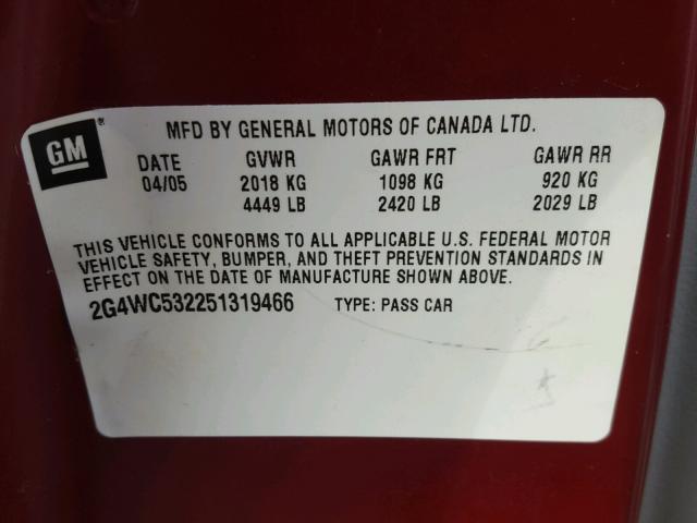 2G4WC532251319466 - 2005 BUICK LACROSSE C MAROON photo 10