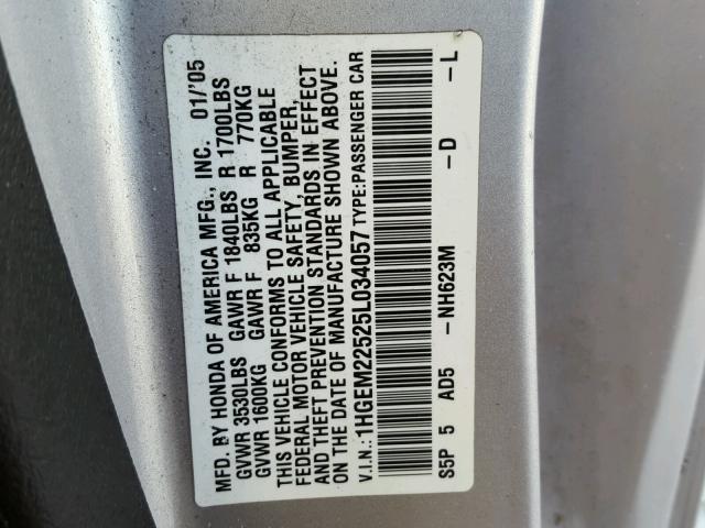 1HGEM22525L034057 - 2005 HONDA CIVIC LX SILVER photo 10