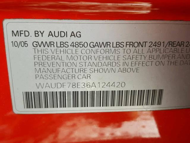 WAUDF78E36A124420 - 2006 AUDI A4 2.0T QU RED photo 10