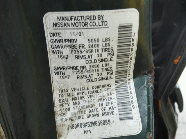 JN8DR09X52W656089 - 2002 NISSAN PATHFINDER GREEN photo 10