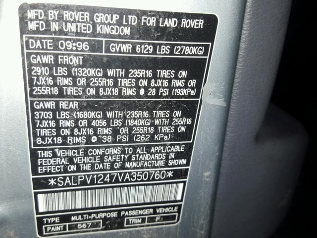 SALPV1247VA350760 - 1997 LAND ROVER RANGE ROVE GRAY photo 10