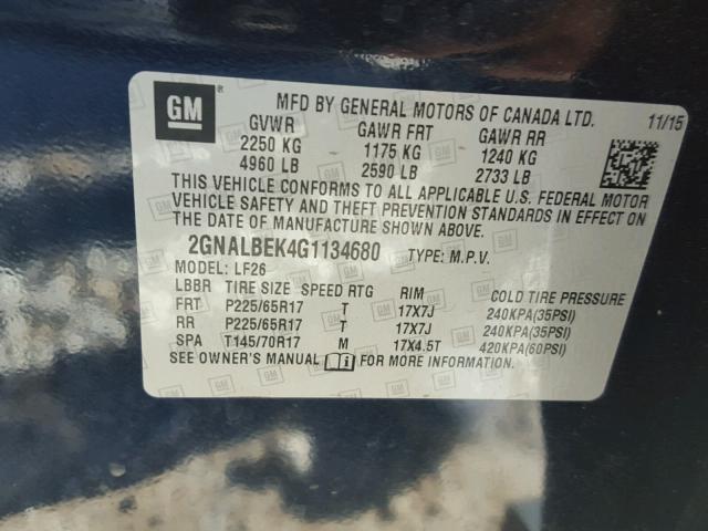 2GNALBEK4G1134680 - 2016 CHEVROLET EQUINOX LS BLUE photo 10