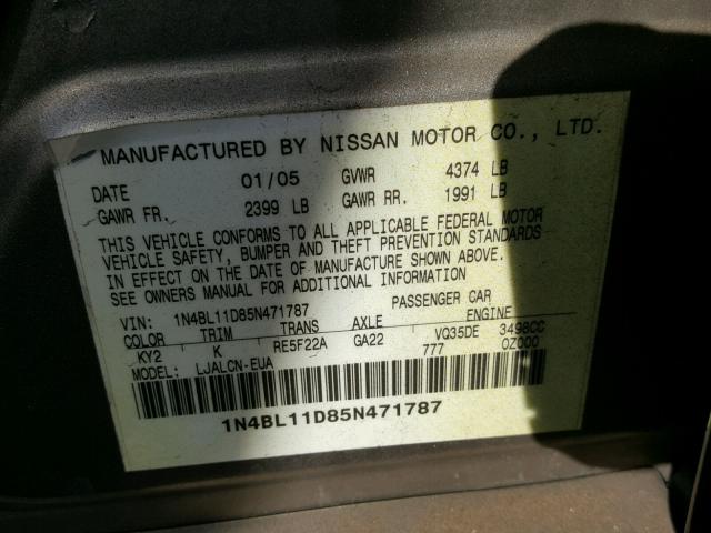 1N4BL11D85N471787 - 2005 NISSAN ALTIMA SE GRAY photo 10