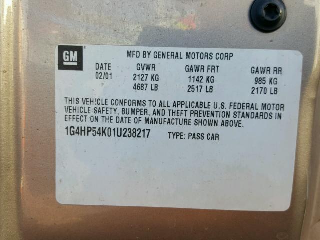 1G4HP54K01U238217 - 2001 BUICK LESABRE CU GRAY photo 10