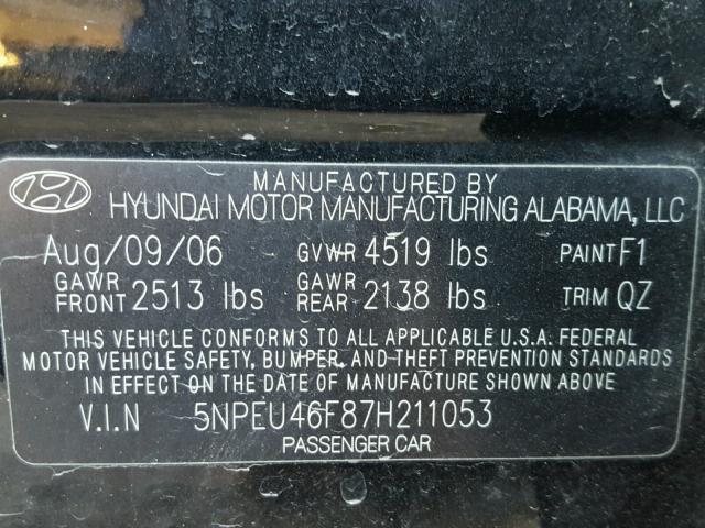 5NPEU46F87H211053 - 2007 HYUNDAI SONATA SE BLACK photo 10