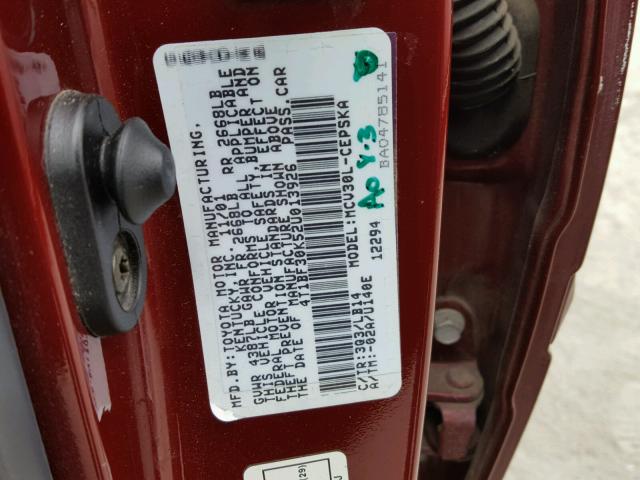 4T1BF30K52U013926 - 2002 TOYOTA CAMRY LE MAROON photo 10