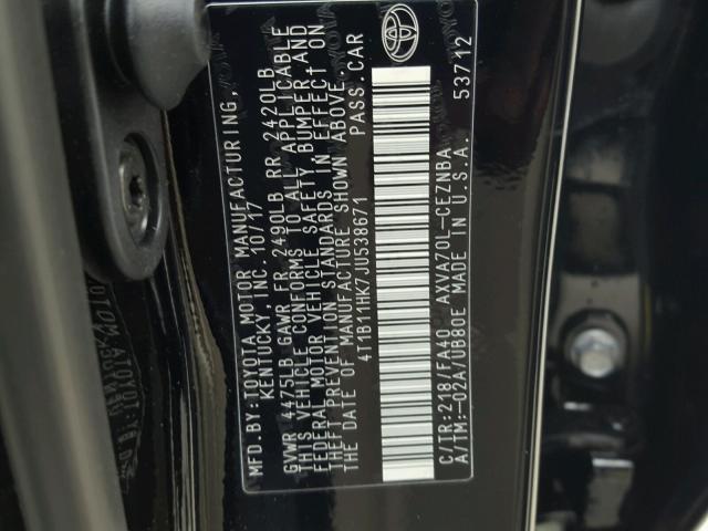 4T1B11HK7JU538671 - 2018 TOYOTA CAMRY L BLACK photo 10