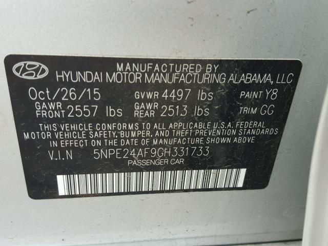 5NPE24AF9GH331733 - 2016 HYUNDAI SONATA SE SILVER photo 10