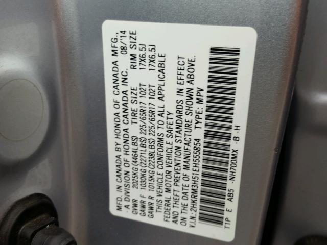 2HKRM3H51EH555854 - 2014 HONDA CR-V EX SILVER photo 10