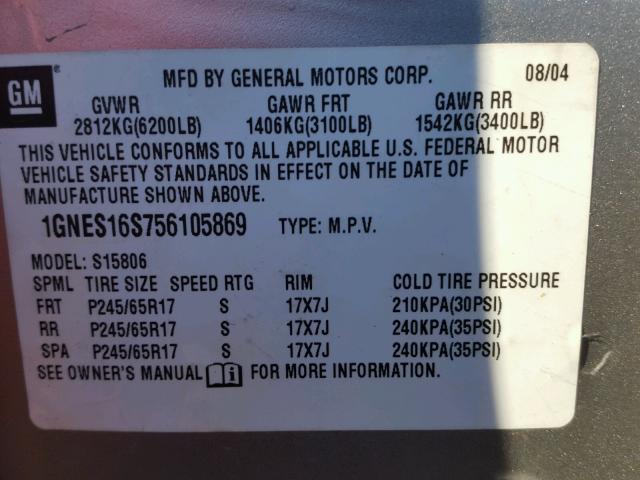 1GNES16S756105869 - 2005 CHEVROLET TRAILBLAZE SILVER photo 10