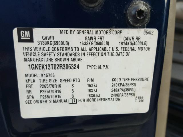 1GKEK13T02R306324 - 2002 GMC YUKON BLUE photo 10