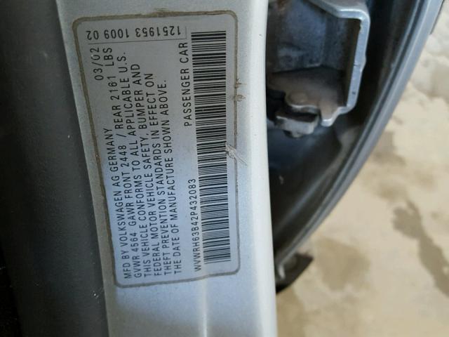 WVWRH63B42P432083 - 2002 VOLKSWAGEN PASSAT GLX SILVER photo 10