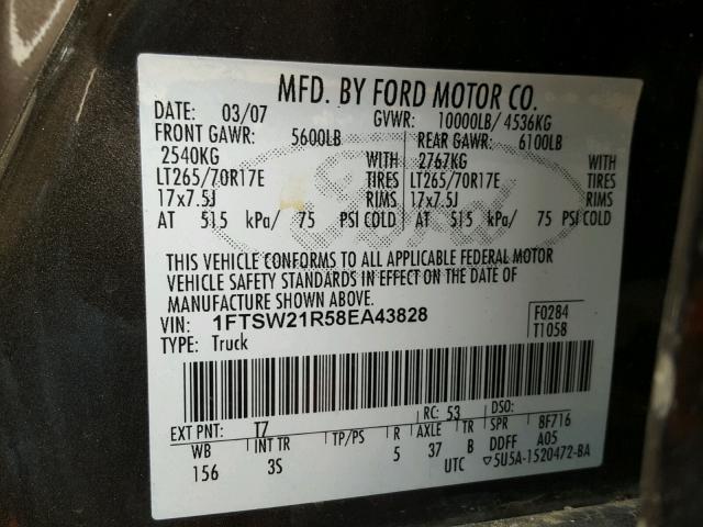 1FTSW21R58EA43828 - 2008 FORD F250 SUPER GRAY photo 10