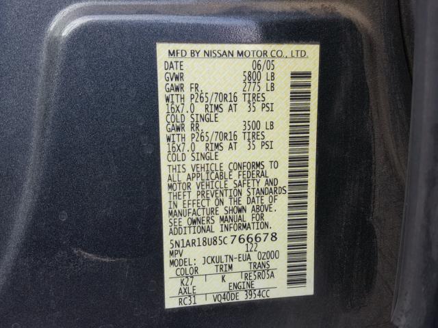 5N1AR18U85C766678 - 2005 NISSAN PATHFINDER GRAY photo 10