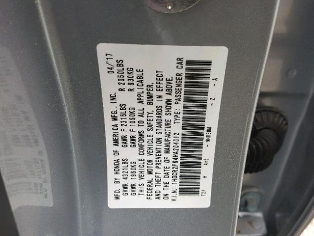 1HGCR2F64HA204012 - 2017 HONDA ACCORD SPO SILVER photo 10