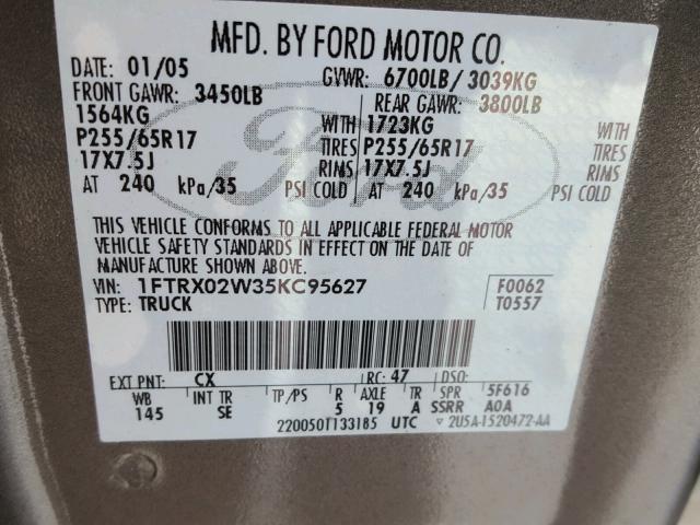 1FTRX02W35KC95627 - 2005 FORD F150 GRAY photo 10