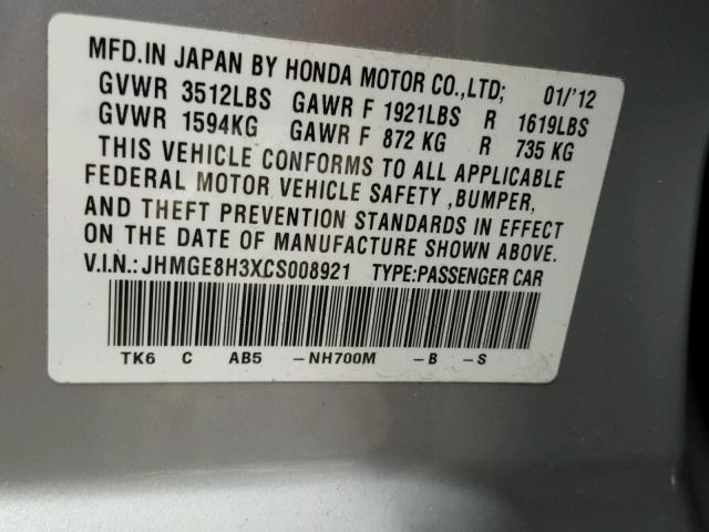 JHMGE8H3XCS008921 - 2012 HONDA FIT GRAY photo 10