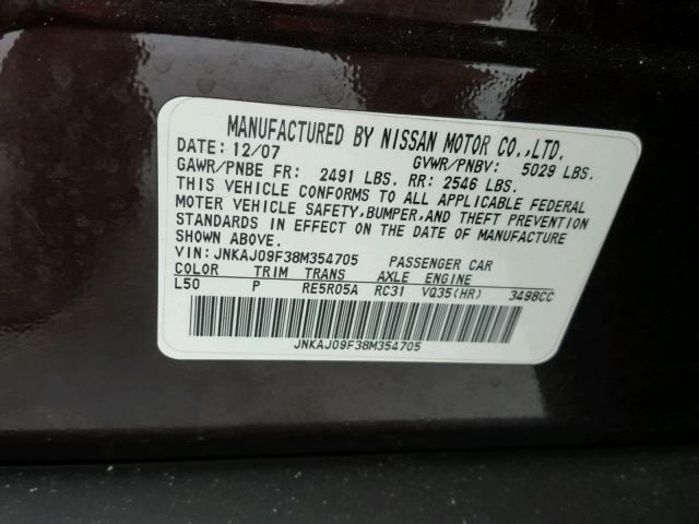 JNKAJ09F38M354705 - 2008 INFINITI EX35 BASE BURGUNDY photo 10