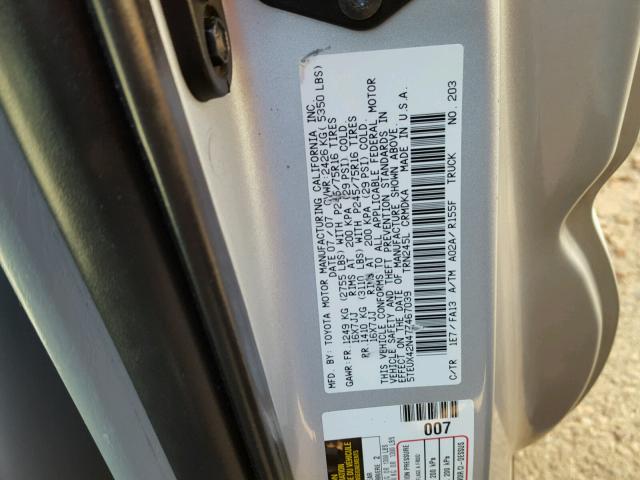 5TEUX42N47Z467039 - 2007 TOYOTA TACOMA ACC SILVER photo 10