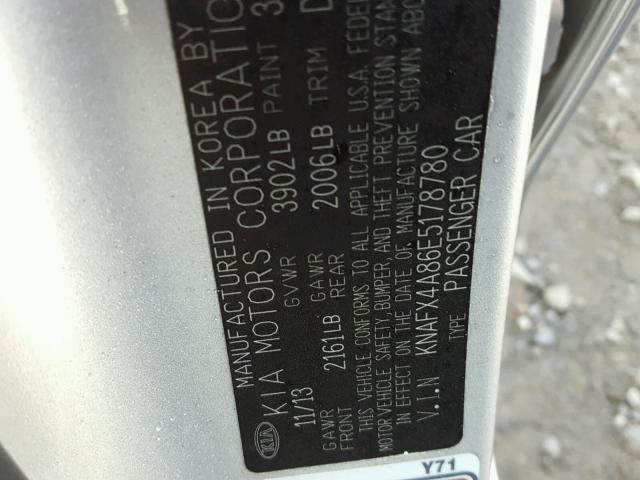 KNAFX4A86E5178780 - 2014 KIA FORTE EX SILVER photo 10