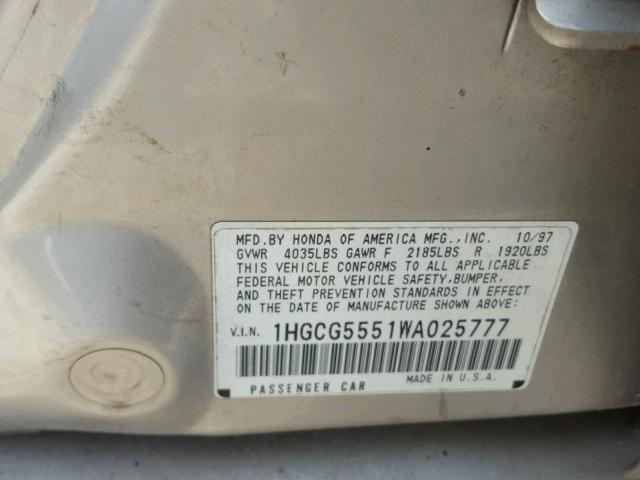 1HGCG5551WA025777 - 1998 HONDA ACCORD EX SILVER photo 10