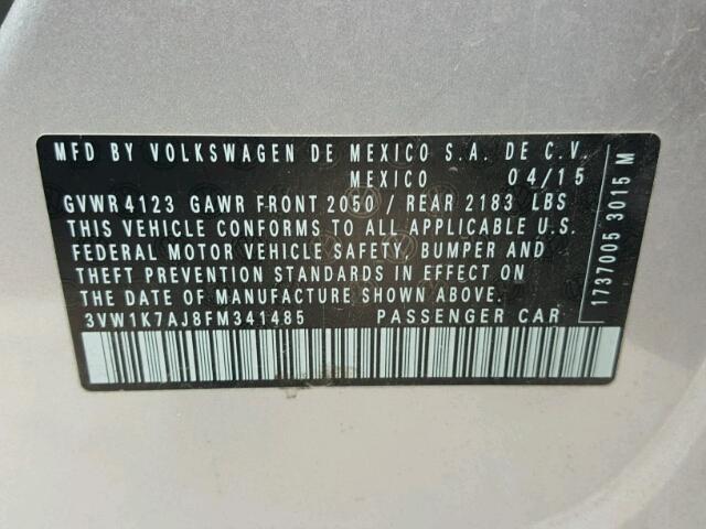 3VW1K7AJ8FM341485 - 2015 VOLKSWAGEN JETTA BASE 银色 照片 10