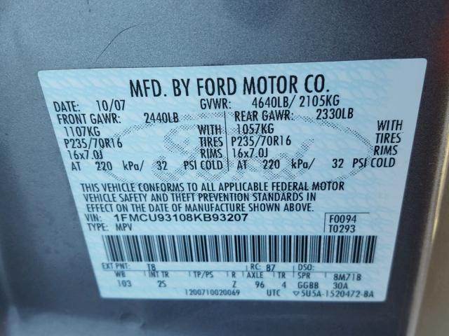 1FMCU93108KB93207 - 2008 FORD ESCAPE XLT SILVER photo 10