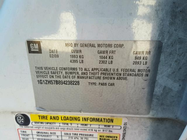 1G1ZH57B894238228 - 2009 CHEVROLET MALIBU 1LT 白色 照片 10