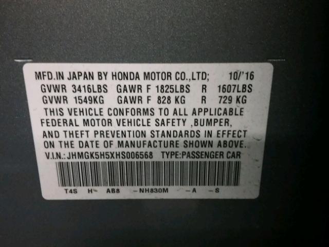 JHMGK5H5XHS006568 - 2017 HONDA FIT LX SILVER photo 10