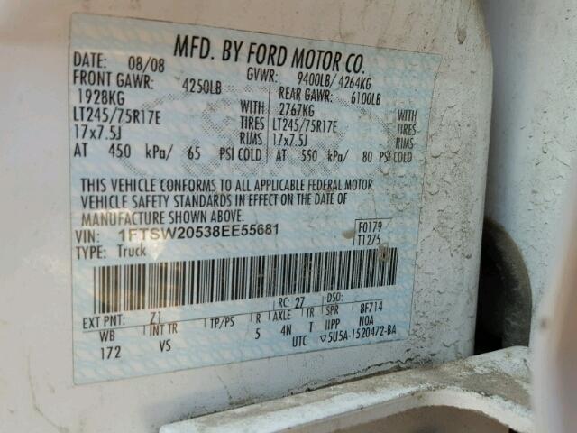 1FTSW20538EE55681 - 2008 FORD F250 SUPER WHITE photo 10