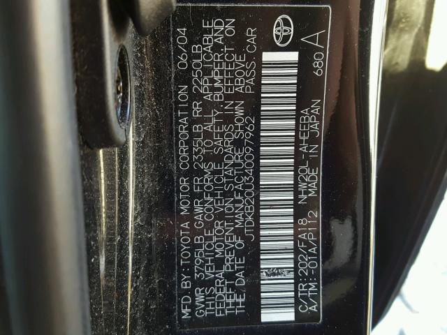 JTDKB20U340097962 - 2004 TOYOTA PRIUS BLACK photo 10