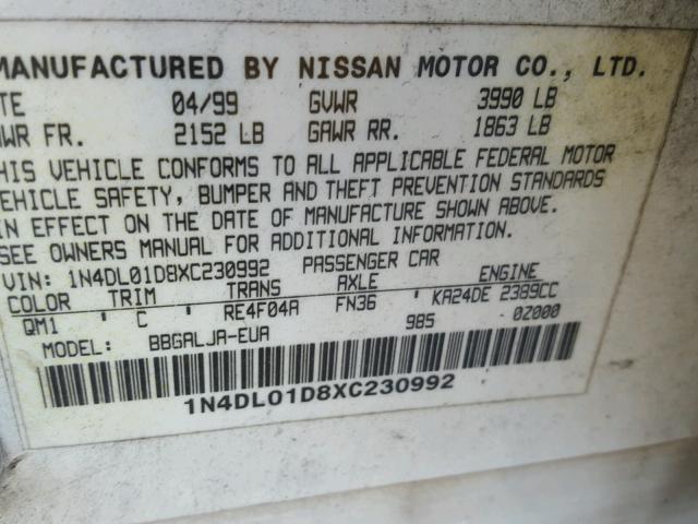 1N4DL01D8XC230992 - 1999 NISSAN ALTIMA XE WHITE photo 10