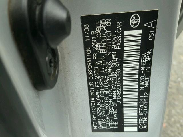 JTDKB20U793501917 - 2009 TOYOTA PRIUS SILVER photo 10