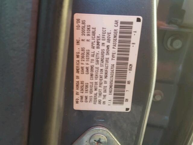 1HGCM66547A024704 - 2007 HONDA ACCORD EX GRAY photo 10