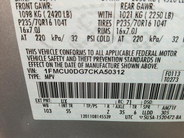 1FMCU0DG7CKA50312 - 2012 FORD ESCAPE XLT SILVER photo 10